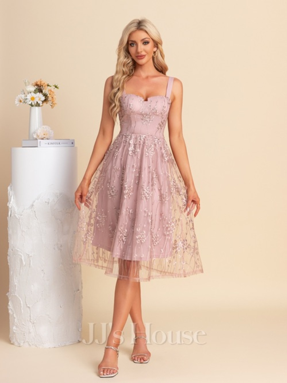 JJ’s House Pink Blush Lace Midi Dress Sweetheart Neckline Homecoming Formal New